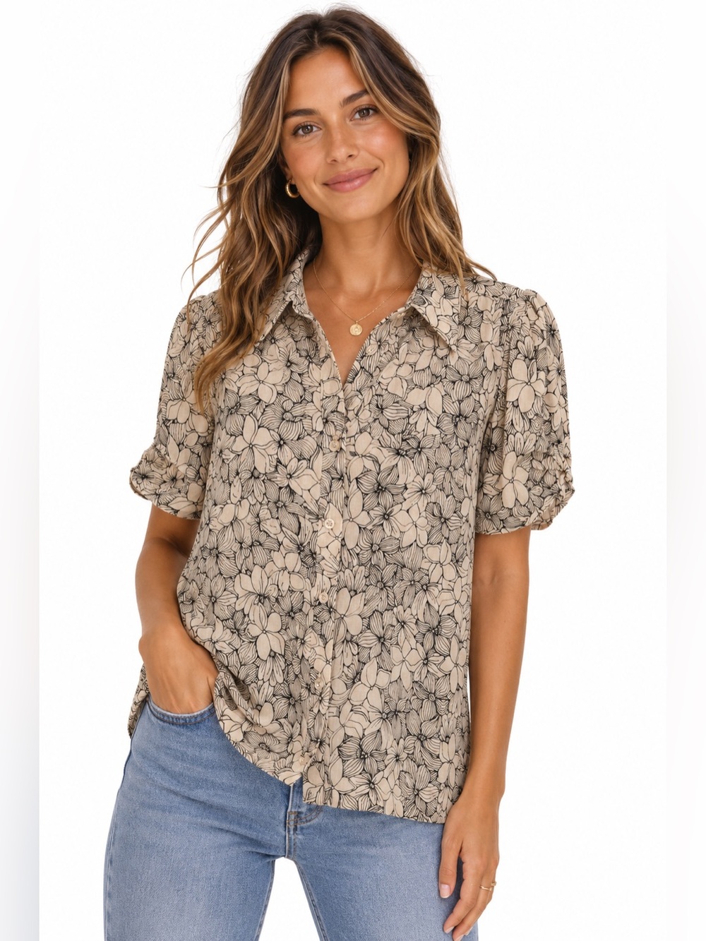 Adrianna Papell Floral Blouse‎ Large Puff Sleeve Button Front feminine career L